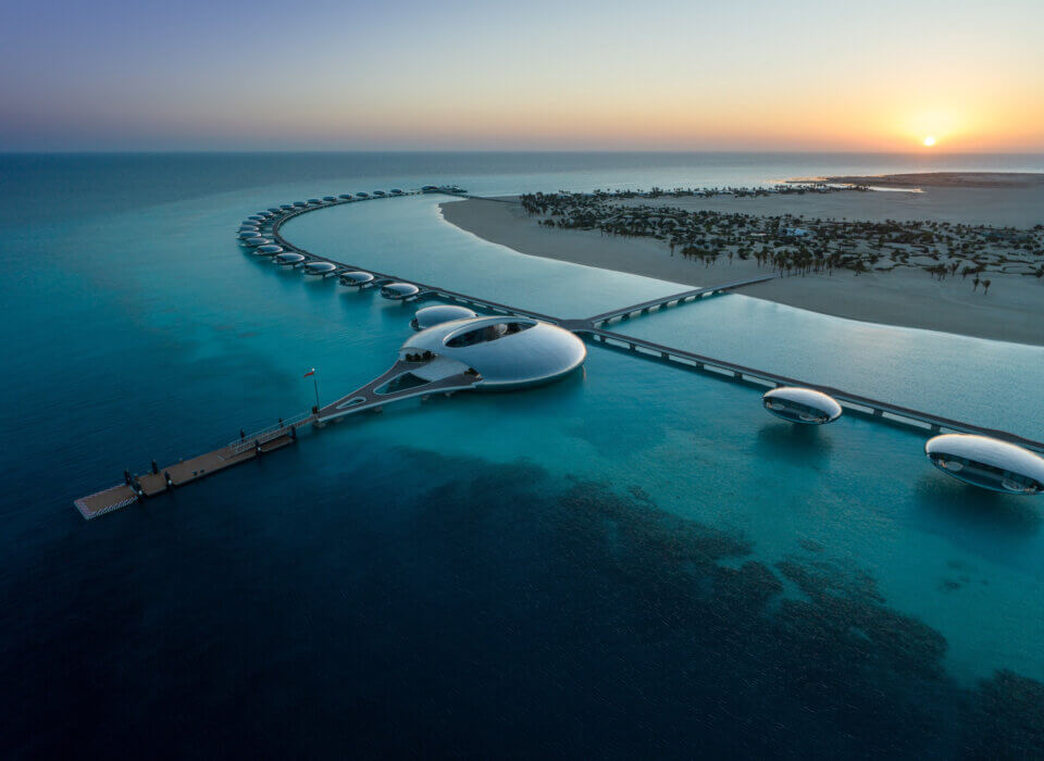 A estrutura futurista do Shebara Resort, no megaprojeto The Red Sea, combina luxo e sustentabilidade e foi um dos destaques da hotelaria em 2025. Foto: Visit Saudi/Divulgação